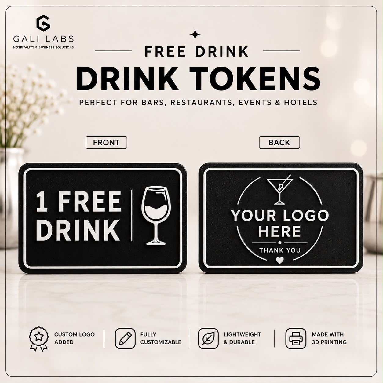 Personalized Free Drink Tokens | Custom Drink Voucher | Bar, Restaurant, Pub & Hotel Promotional Tokens