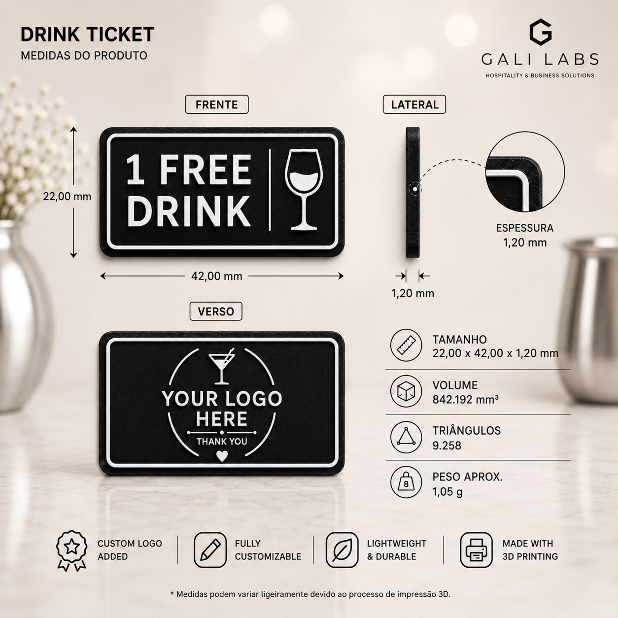 Personalized Free Drink Tokens | Custom Drink Voucher | Bar, Restaurant, Pub & Hotel Promotional Tokens