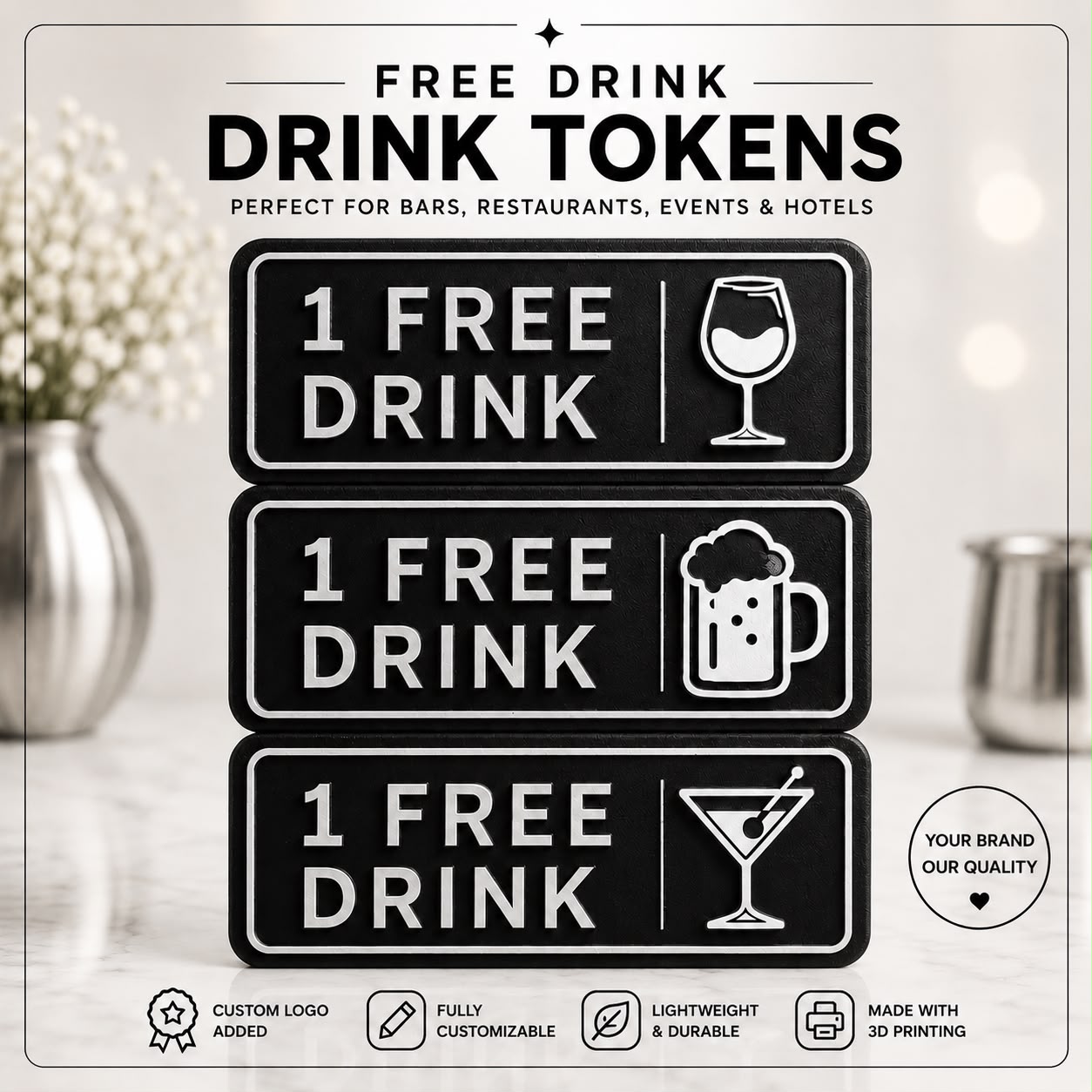 Personalized Free Drink Tokens | Custom Drink Voucher | Bar, Restaurant, Pub & Hotel Promotional Tokens